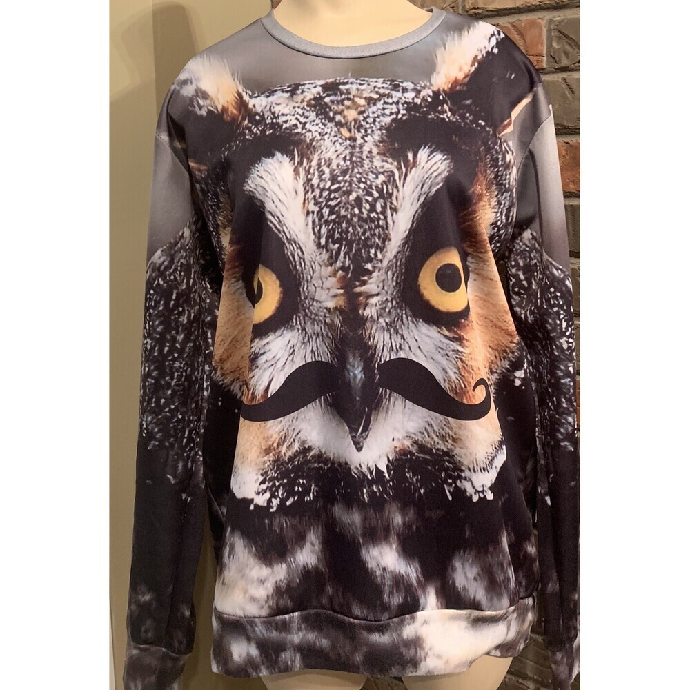 Mr. Gugu & Miss Go Owl W/ Mustache Sweat Shirt Size XL Outdoor Nature